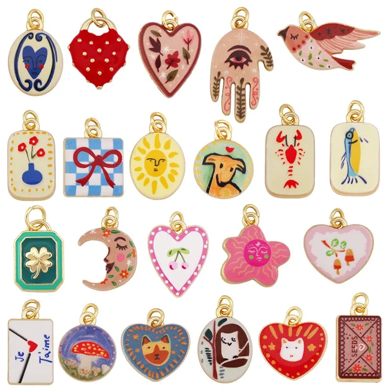 R54 Hand Painted Ceramic Pendant Charm Pure Copper Necklace Dog Bow Clover Owl Envelope