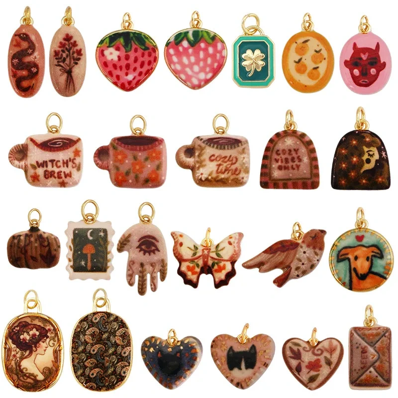 Vintage Style Cup Beauty Dog  Monster Bird Snake Envelope Strawberry Heart Brass Charm Pendant, Handy Craft Necklace Supply R63