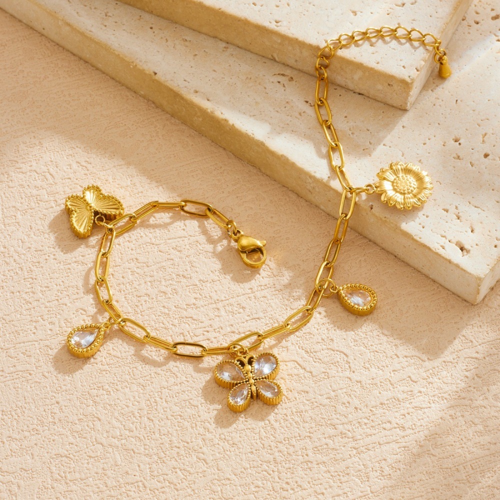 Cross-border fashion niche minimalist rhinestone teardrop butterfly pendant gold-plated sunflower stainless steel pendant chain bracelet