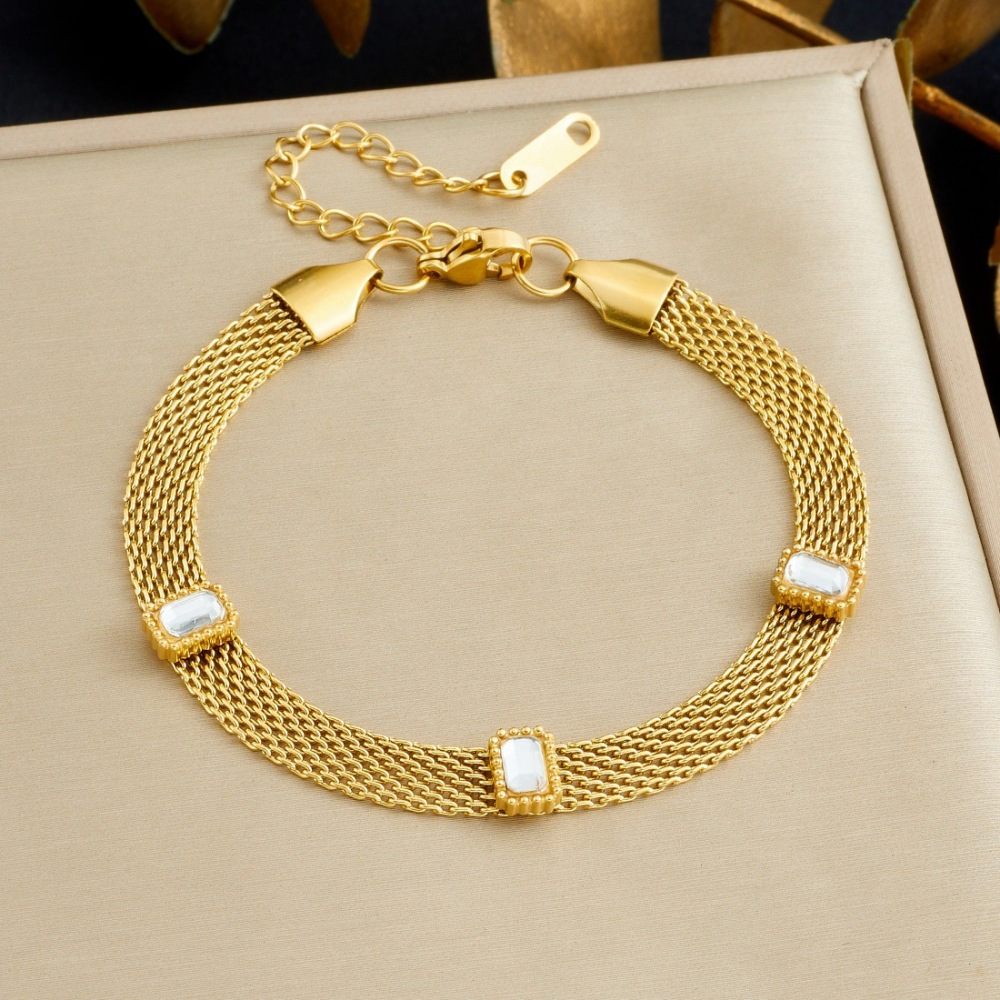 Fashionable cross-border unisex retro rhinestone-encrusted colorful square geometric accessories mesh hollow chain stainless steel bracelet
