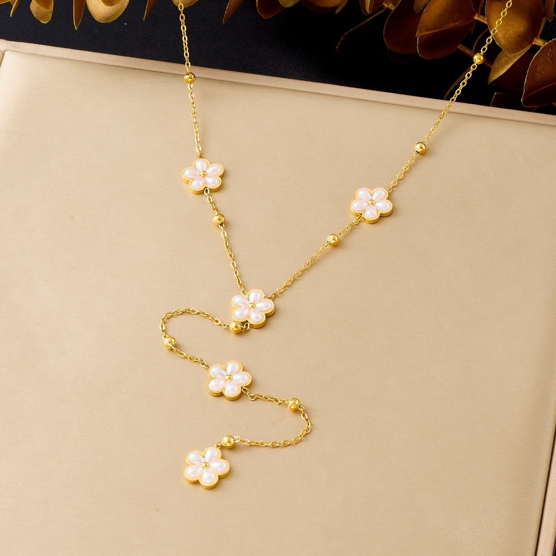 Korean Style Fashionable Simulated Pearl Petal Flower Pendant Gold Plated Long Tassel Stainless Steel Chain Necklace
