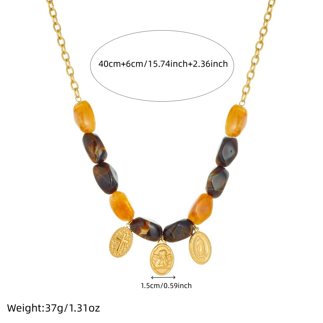 Fashionable, cross-border, unique, retro color-blocked Maillard oval beaded chain gold-plated cross pendant necklace
