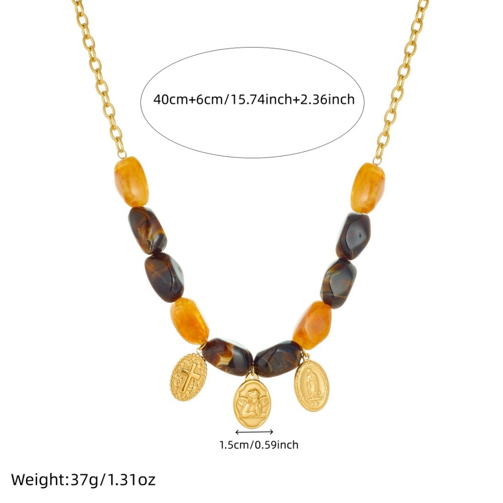 Fashionable, cross-border, unique, retro color-blocked Maillard oval beaded chain gold-plated cross pendant necklace