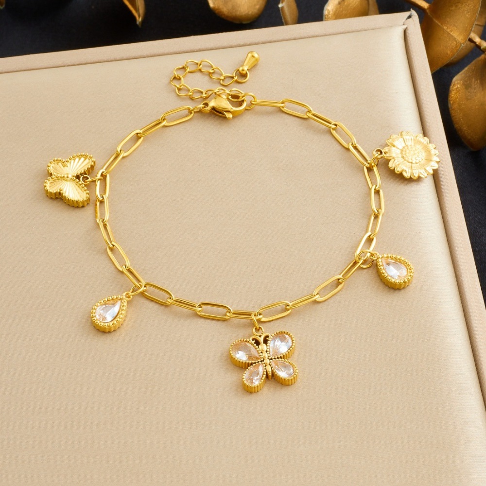 Cross-border fashion niche minimalist rhinestone teardrop butterfly pendant gold-plated sunflower stainless steel pendant chain bracelet