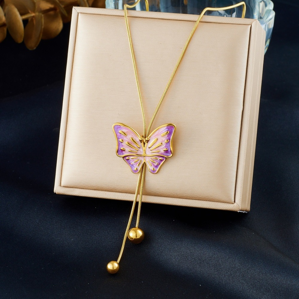 Fashionable Chinese-style gradient pink and purple butterfly gold-plated necklace with delicate and simple tassel and gold bead clavicle chain