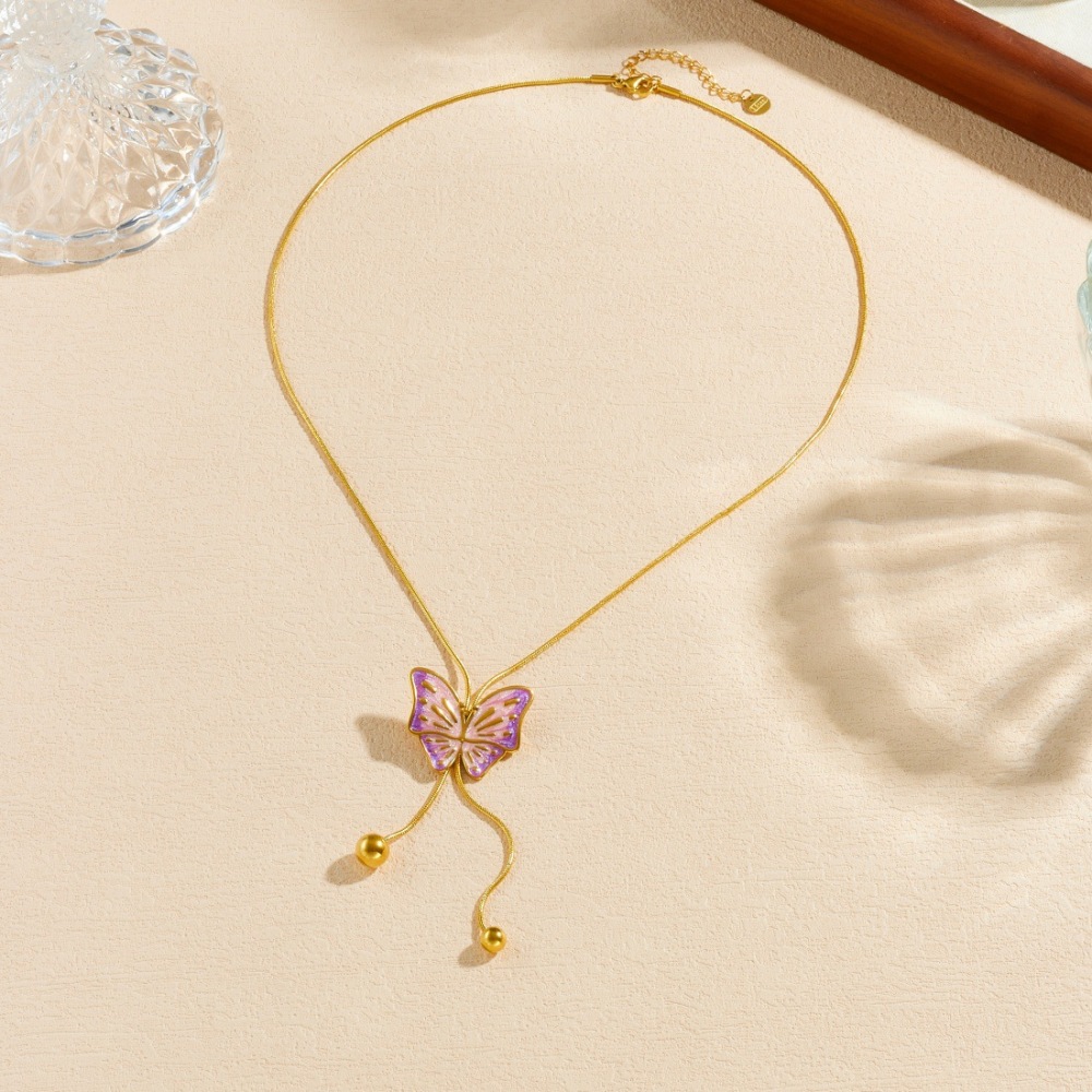 Fashionable Chinese-style gradient pink and purple butterfly gold-plated necklace with delicate and simple tassel and gold bead clavicle chain
