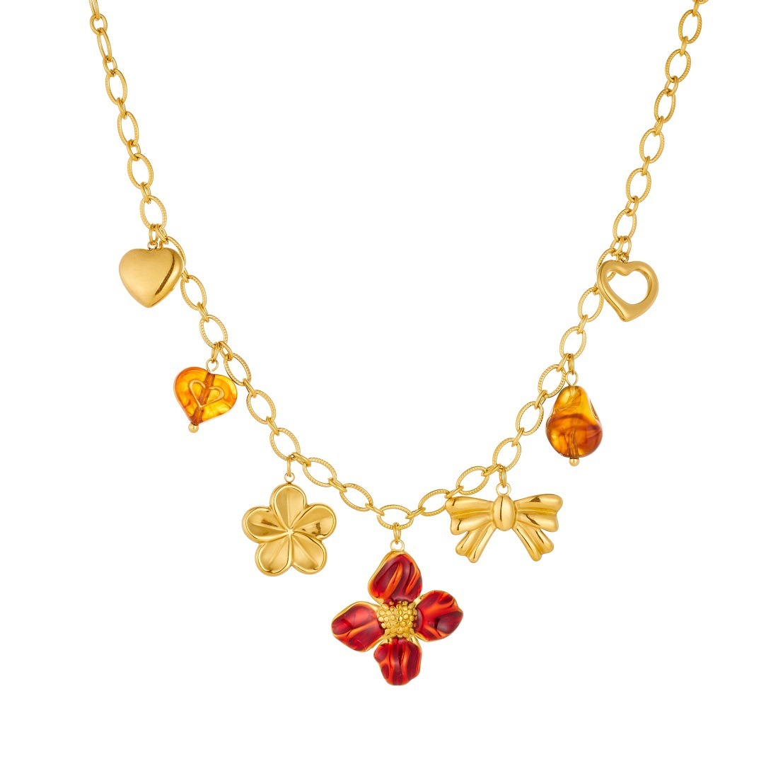 Cross-border fashion, light luxury, retro gold-plated drip flower bow heart pendant chain stainless steel jewelry necklace