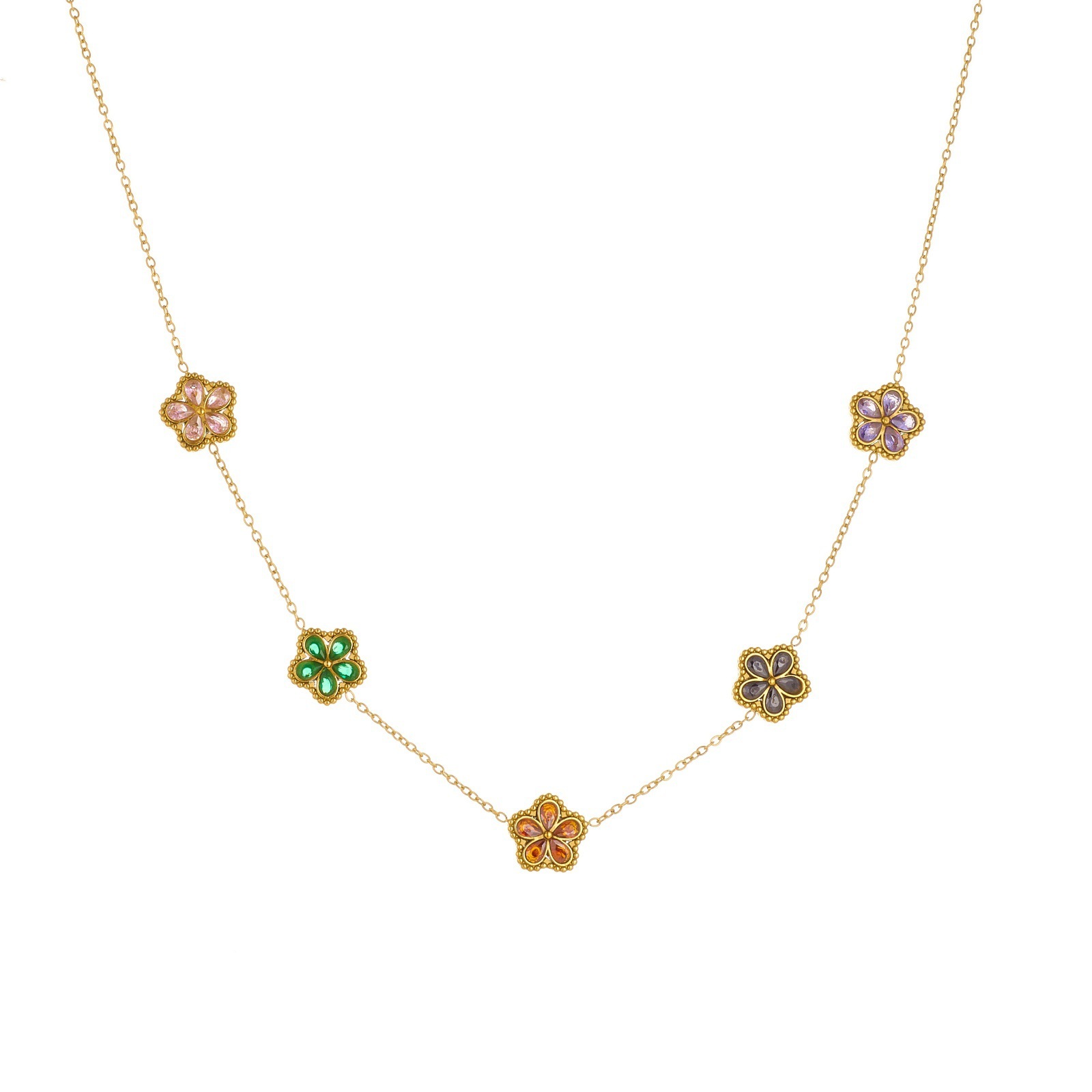 Cross-border fashion exquisite light luxury colored diamond-encrusted five-petal flower accessory pendant chain stainless steel gold-plated flower set