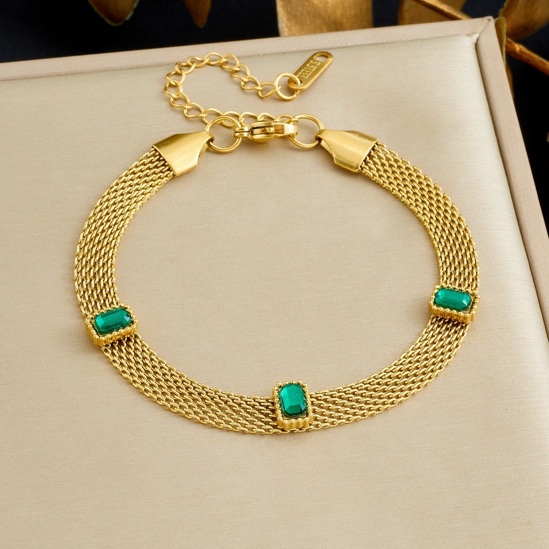 Fashionable cross-border unisex retro rhinestone-encrusted colorful square geometric accessories mesh hollow chain stainless steel bracelet