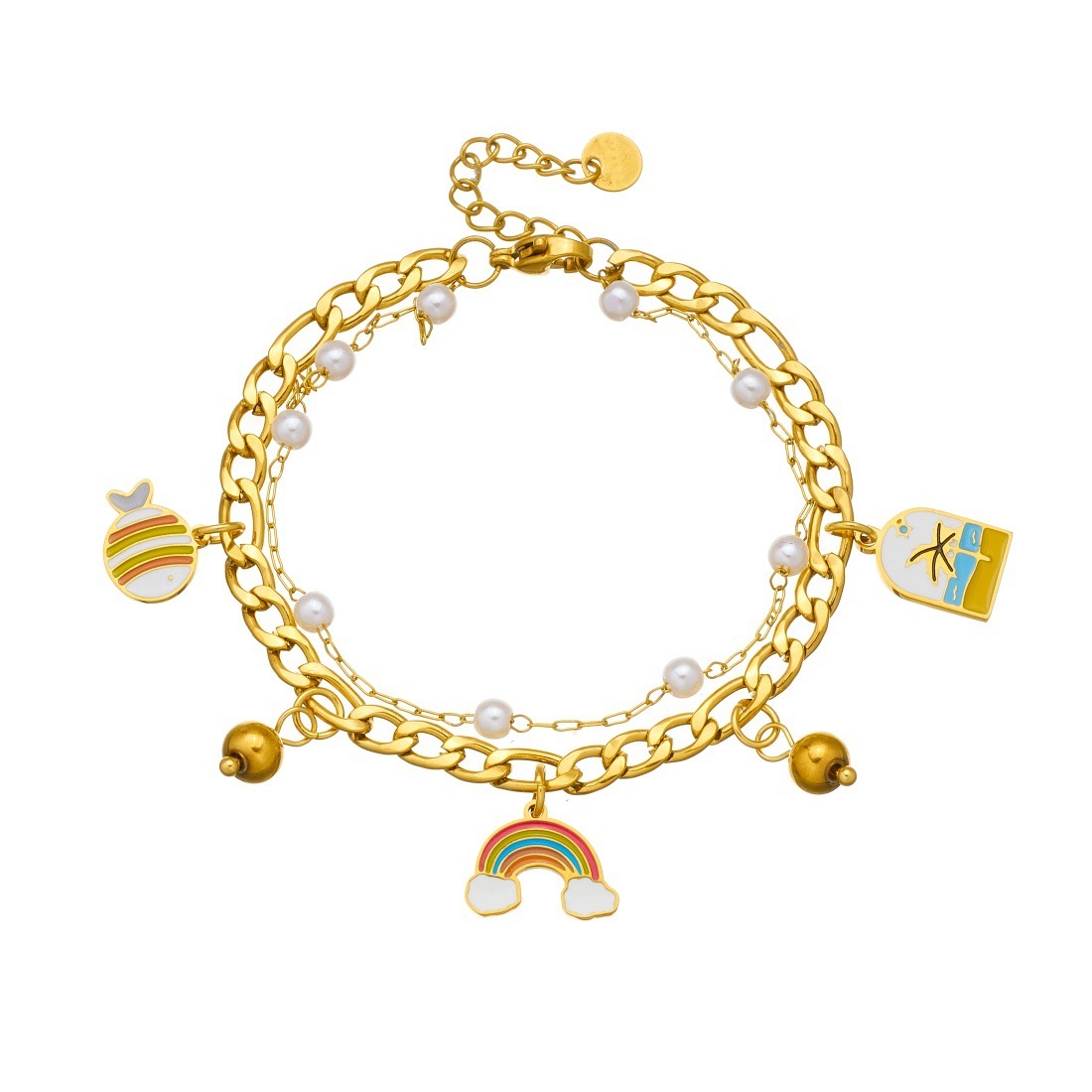 Cross-border fashion, fresh and sweet rainbow pendant stainless steel simple and versatile gold-plated double-layer chain bracelet