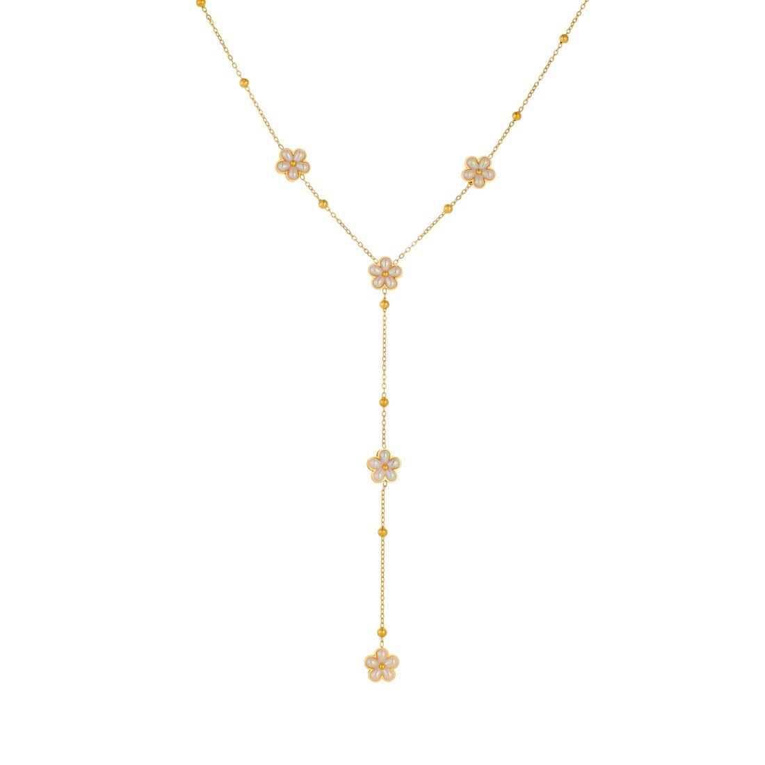 Korean Style Fashionable Simulated Pearl Petal Flower Pendant Gold Plated Long Tassel Stainless Steel Chain Necklace