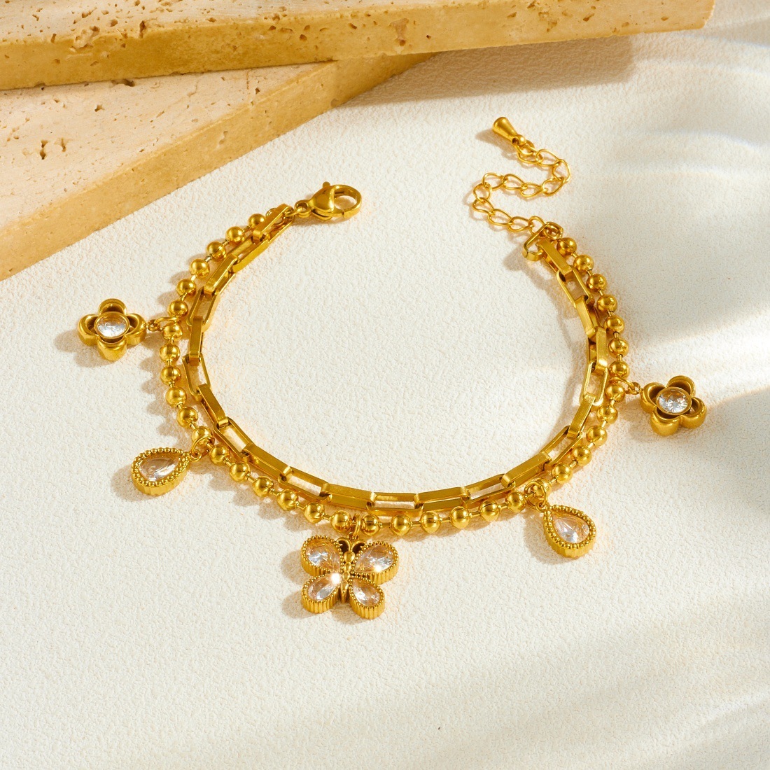 Cross-border fashion minimalist diamond-encrusted teardrop-shaped butterfly pendant, gold-plated stainless steel, stackable double-chain accessory bracelet