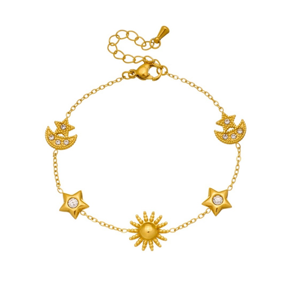 Korean style niche design, rhinestone-encrusted star and moon accessories, gold-plated glossy sun pendant, stainless steel jewelry bracelet.