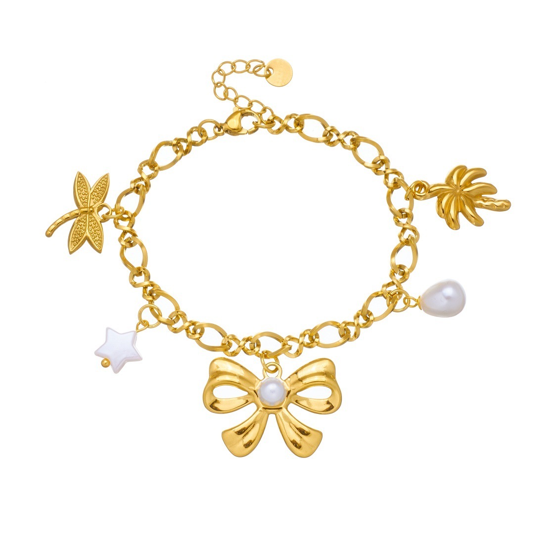 Korean style, fashionable and simple gold-plated pearl bow pendant chain, stainless steel coconut tree dragonfly pendant bracelet for women.