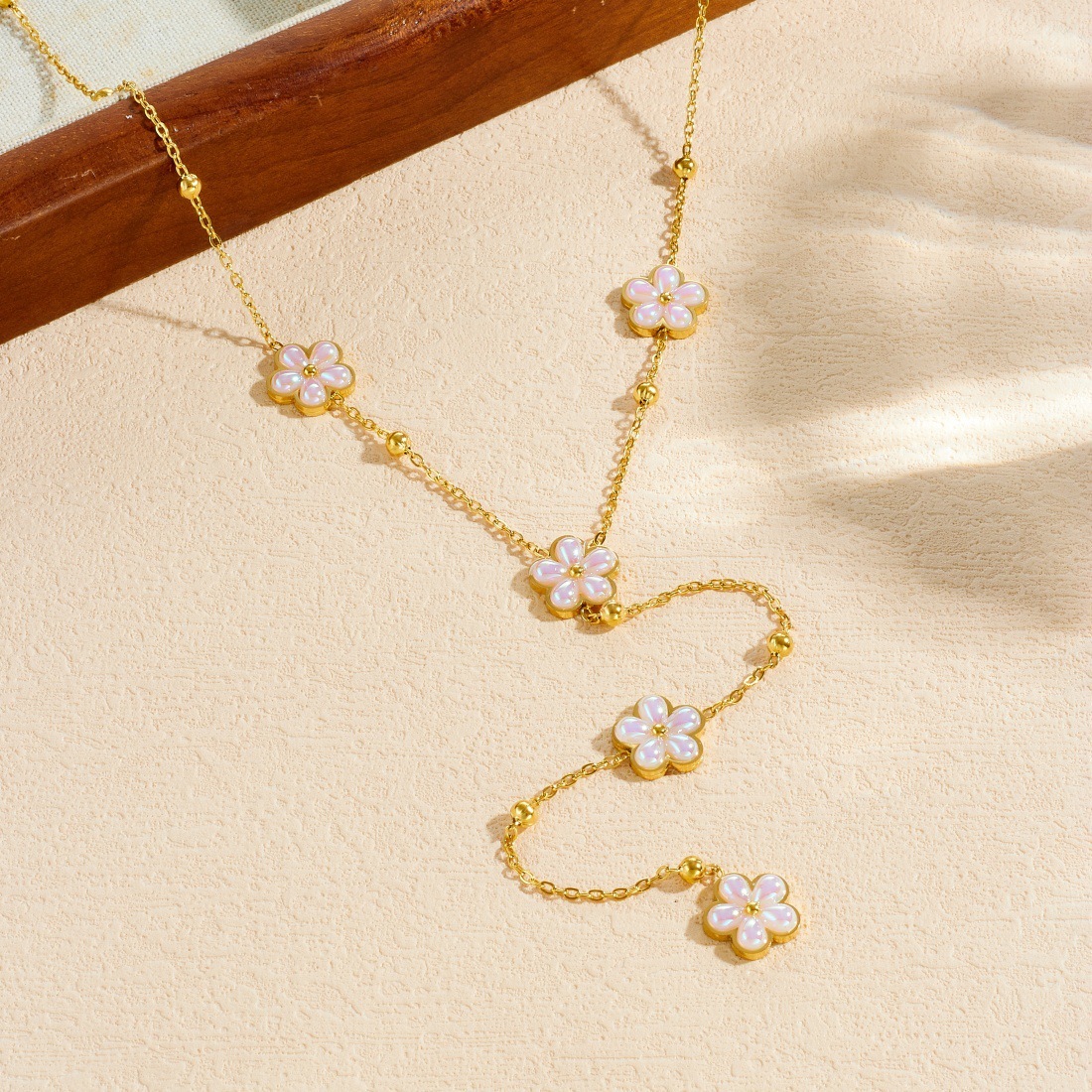 Korean Style Fashionable Simulated Pearl Petal Flower Pendant Gold Plated Long Tassel Stainless Steel Chain Necklace