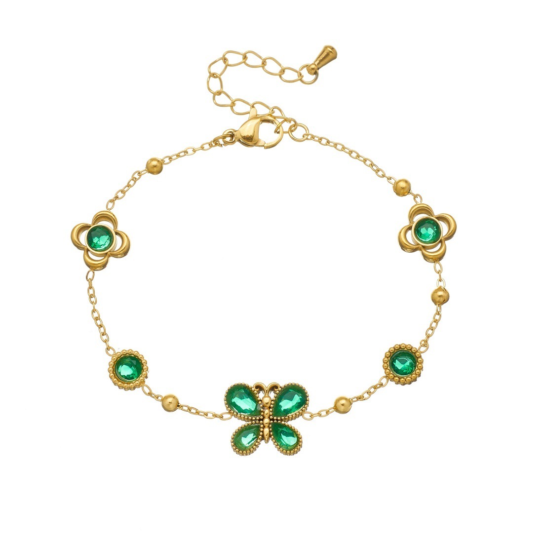 Cross-border fashion rhinestone-encrusted ins style round butterfly and flower accessory pendant gold-plated stainless steel chain accessory bracelet