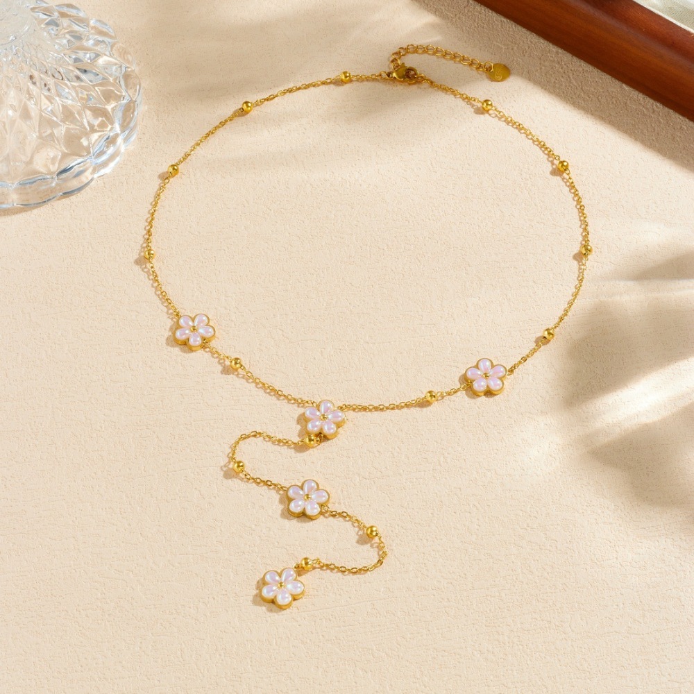 Korean Style Fashionable Simulated Pearl Petal Flower Pendant Gold Plated Long Tassel Stainless Steel Chain Necklace