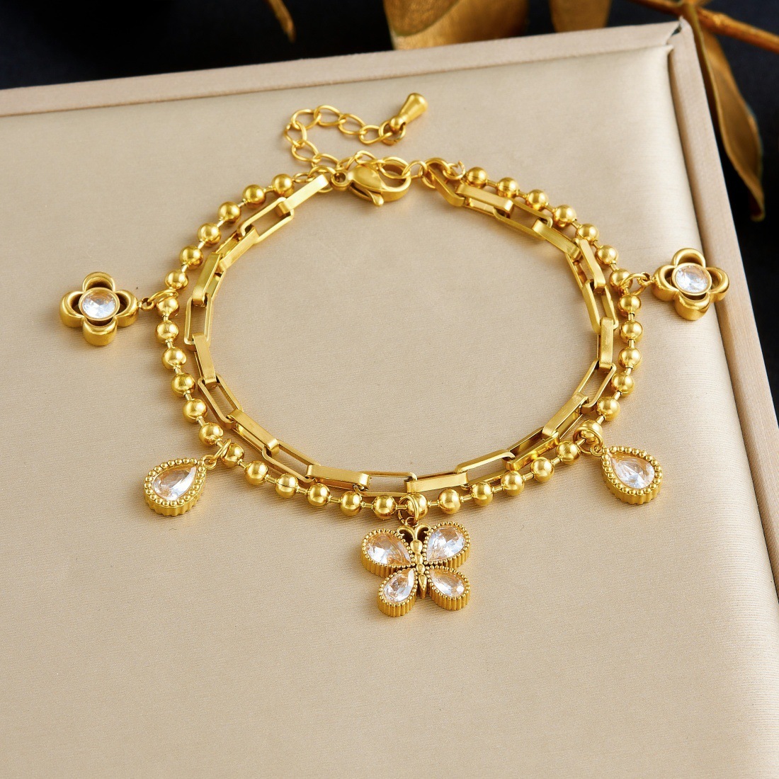 Cross-border fashion minimalist diamond-encrusted teardrop-shaped butterfly pendant, gold-plated stainless steel, stackable double-chain accessory bracelet