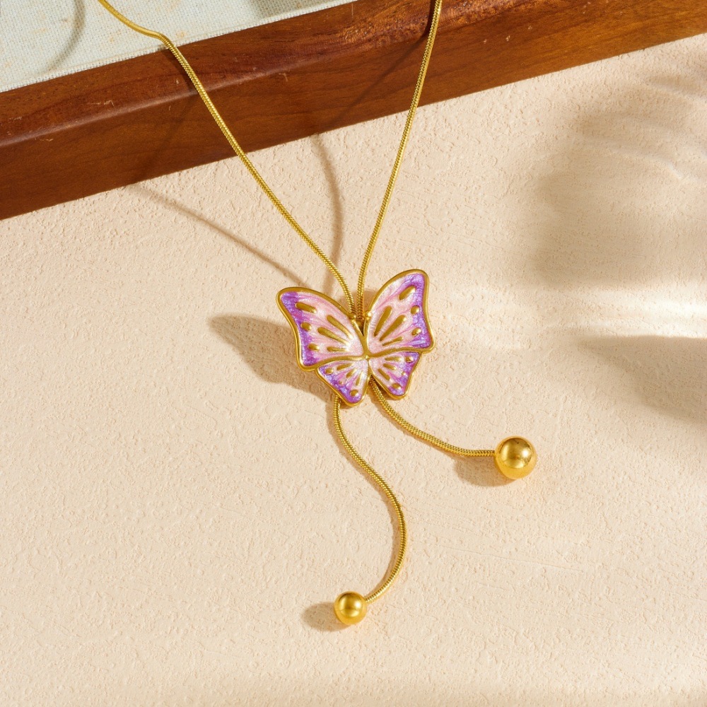 Fashionable Chinese-style gradient pink and purple butterfly gold-plated necklace with delicate and simple tassel and gold bead clavicle chain
