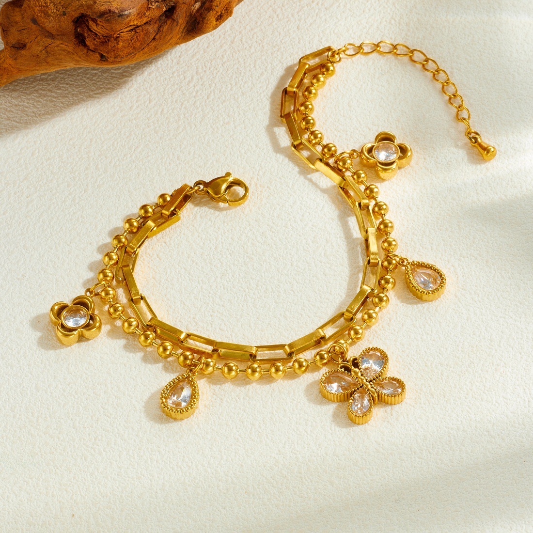 Cross-border fashion minimalist diamond-encrusted teardrop-shaped butterfly pendant, gold-plated stainless steel, stackable double-chain accessory bracelet