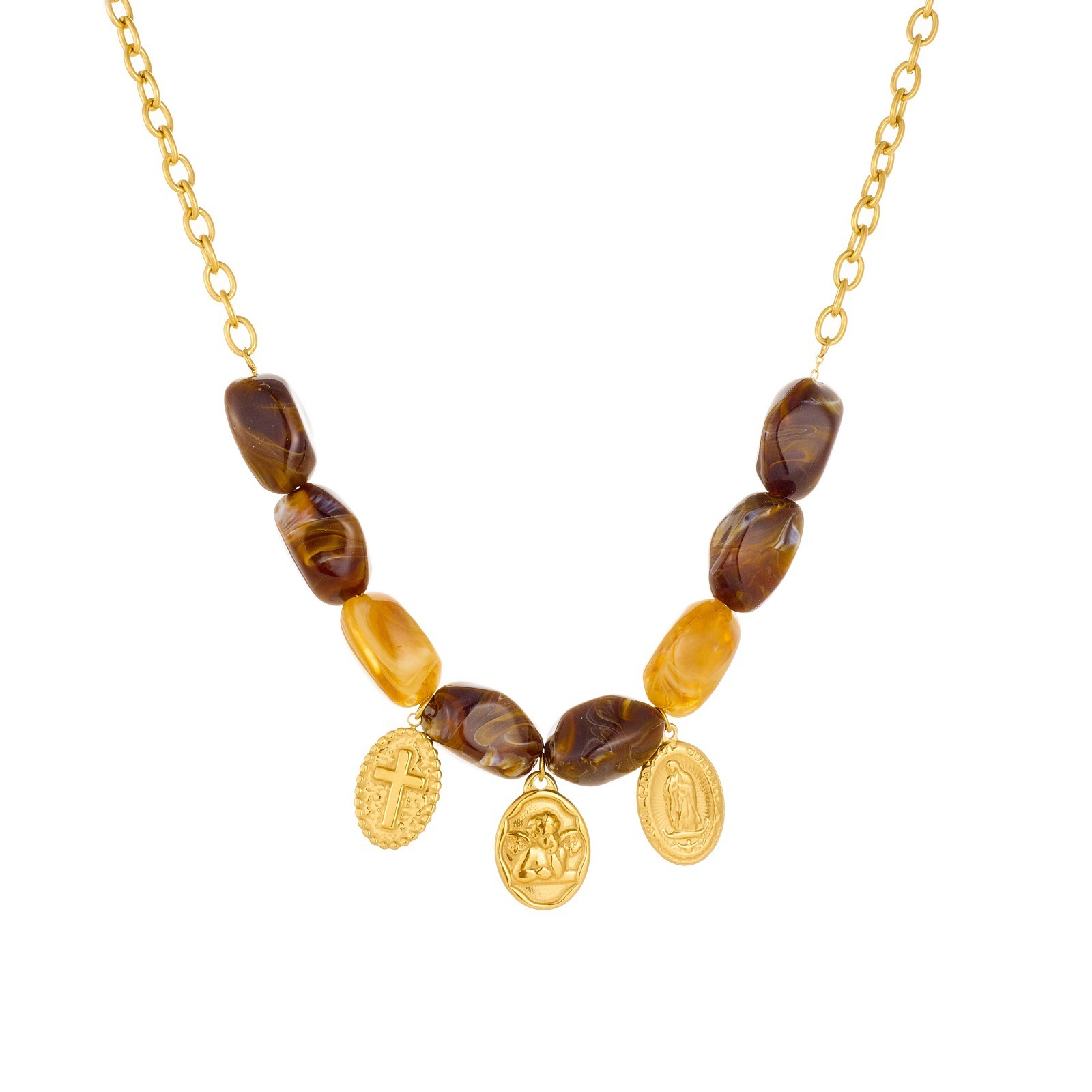Fashionable, cross-border, unique, retro color-blocked Maillard oval beaded chain gold-plated cross pendant necklace
