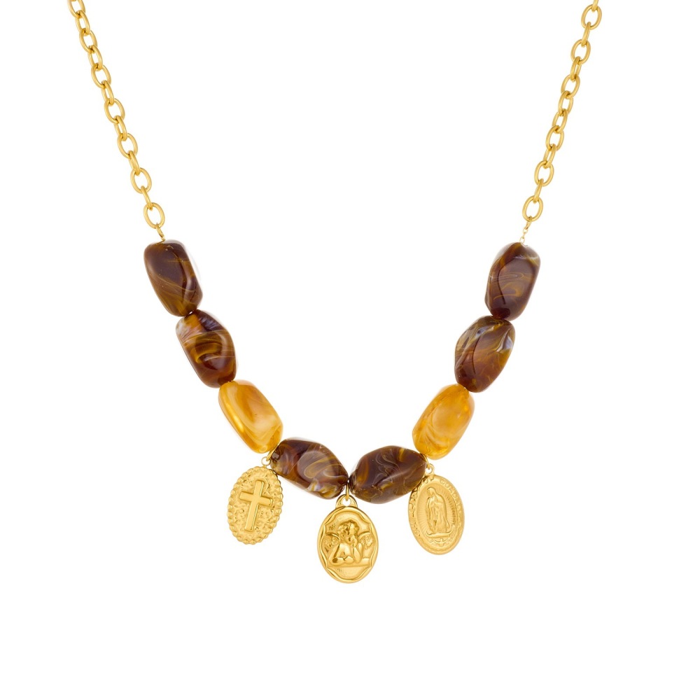 Fashionable, cross-border, unique, retro color-blocked Maillard oval beaded chain gold-plated cross pendant necklace