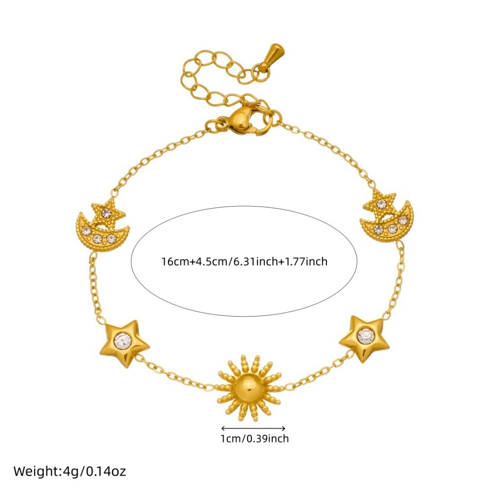 Korean style niche design, rhinestone-encrusted star and moon accessories, gold-plated glossy sun pendant, stainless steel jewelry bracelet.