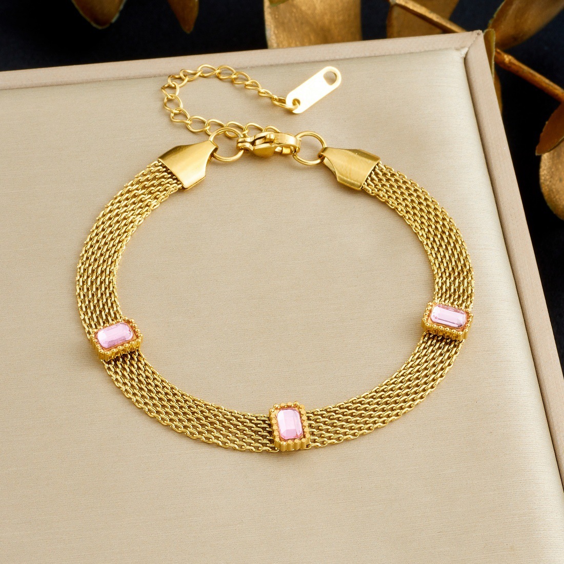 Fashionable cross-border unisex retro rhinestone-encrusted colorful square geometric accessories mesh hollow chain stainless steel bracelet