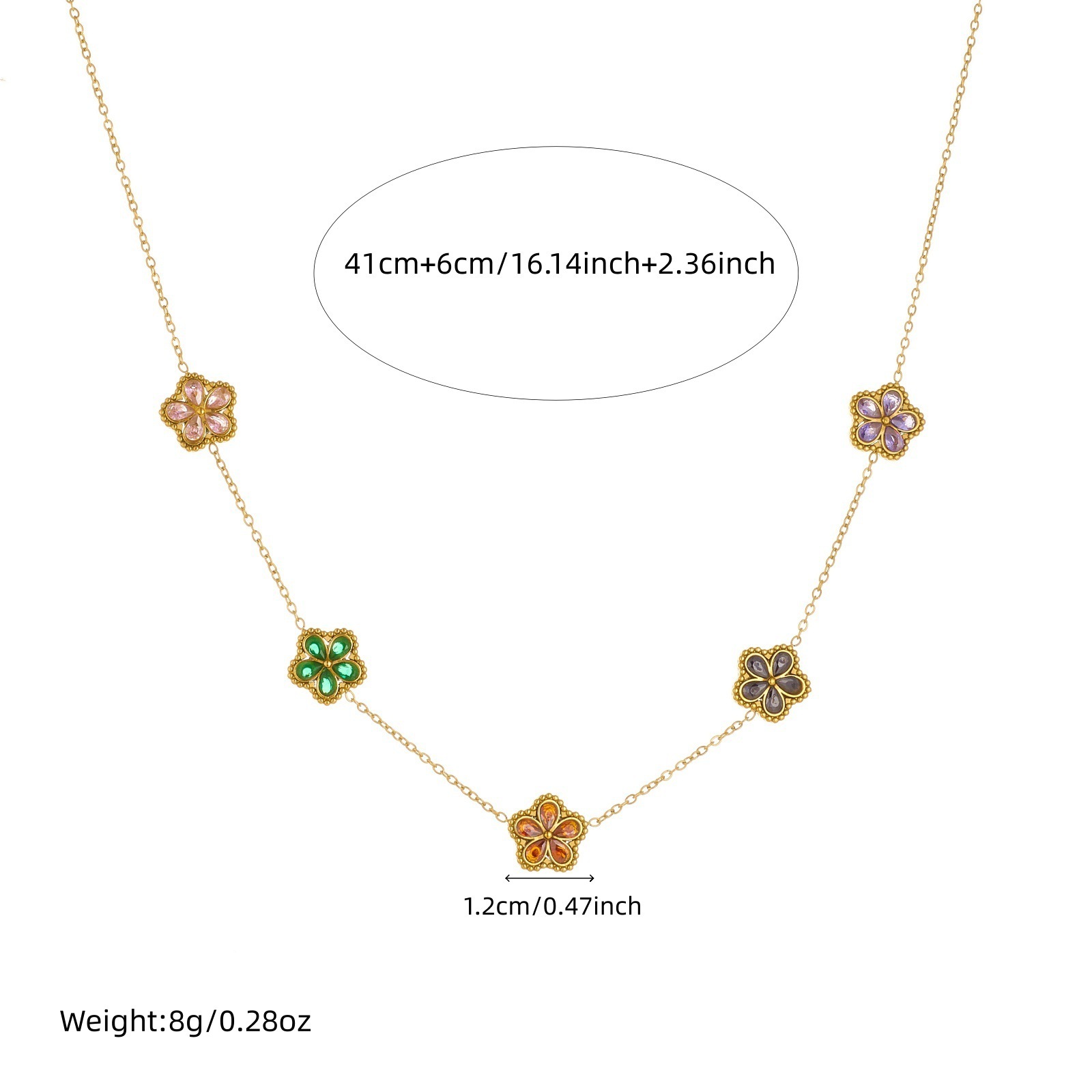 Cross-border fashion exquisite light luxury colored diamond-encrusted five-petal flower accessory pendant chain stainless steel gold-plated flower set