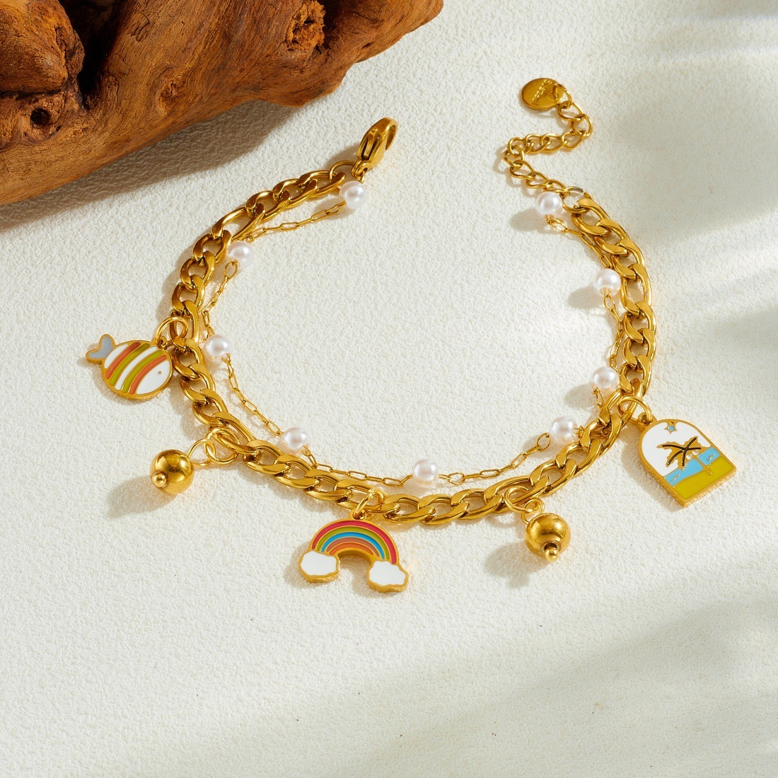 Cross-border fashion, fresh and sweet rainbow pendant stainless steel simple and versatile gold-plated double-layer chain bracelet