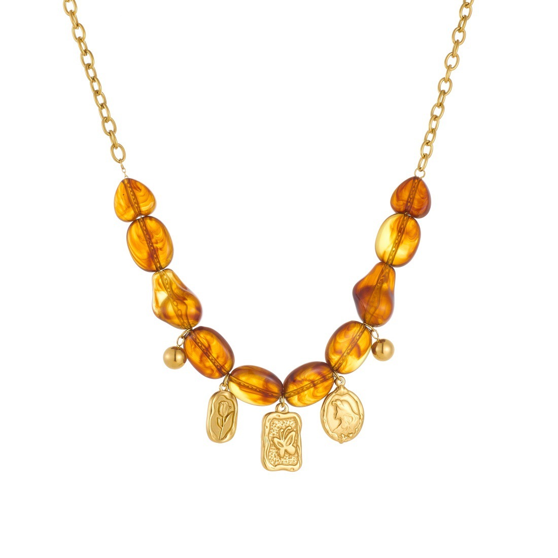 European and American cross-border Maillard irregular brown-red resin beaded chain gold-plated embossed butterfly and flower jewelry set