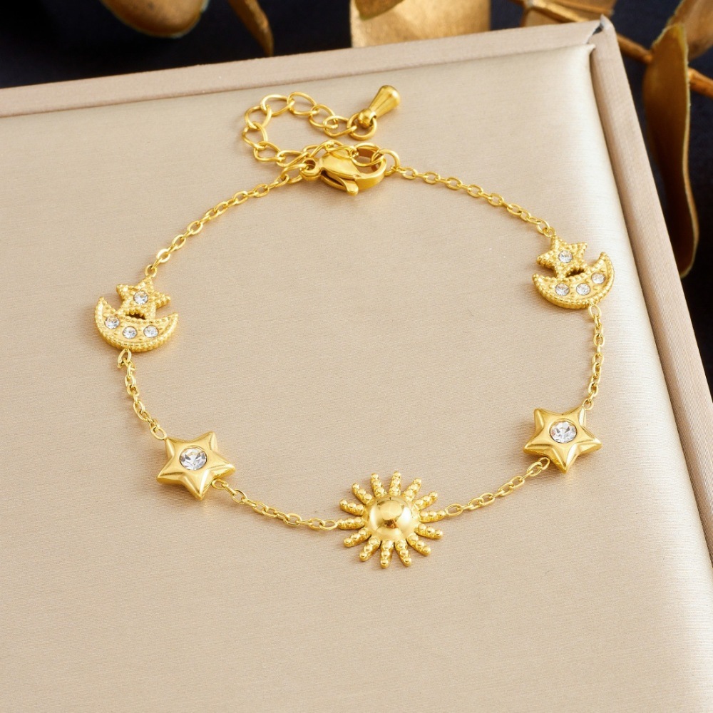 Korean style niche design, rhinestone-encrusted star and moon accessories, gold-plated glossy sun pendant, stainless steel jewelry bracelet.
