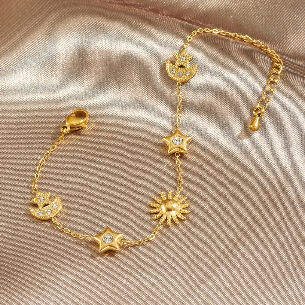 Korean style niche design, rhinestone-encrusted star and moon accessories, gold-plated glossy sun pendant, stainless steel jewelry bracelet.