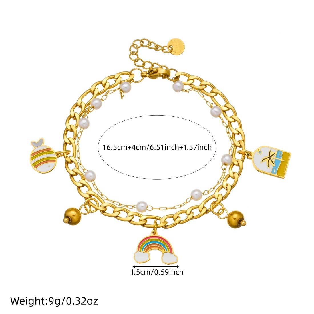 Cross-border fashion, fresh and sweet rainbow pendant stainless steel simple and versatile gold-plated double-layer chain bracelet