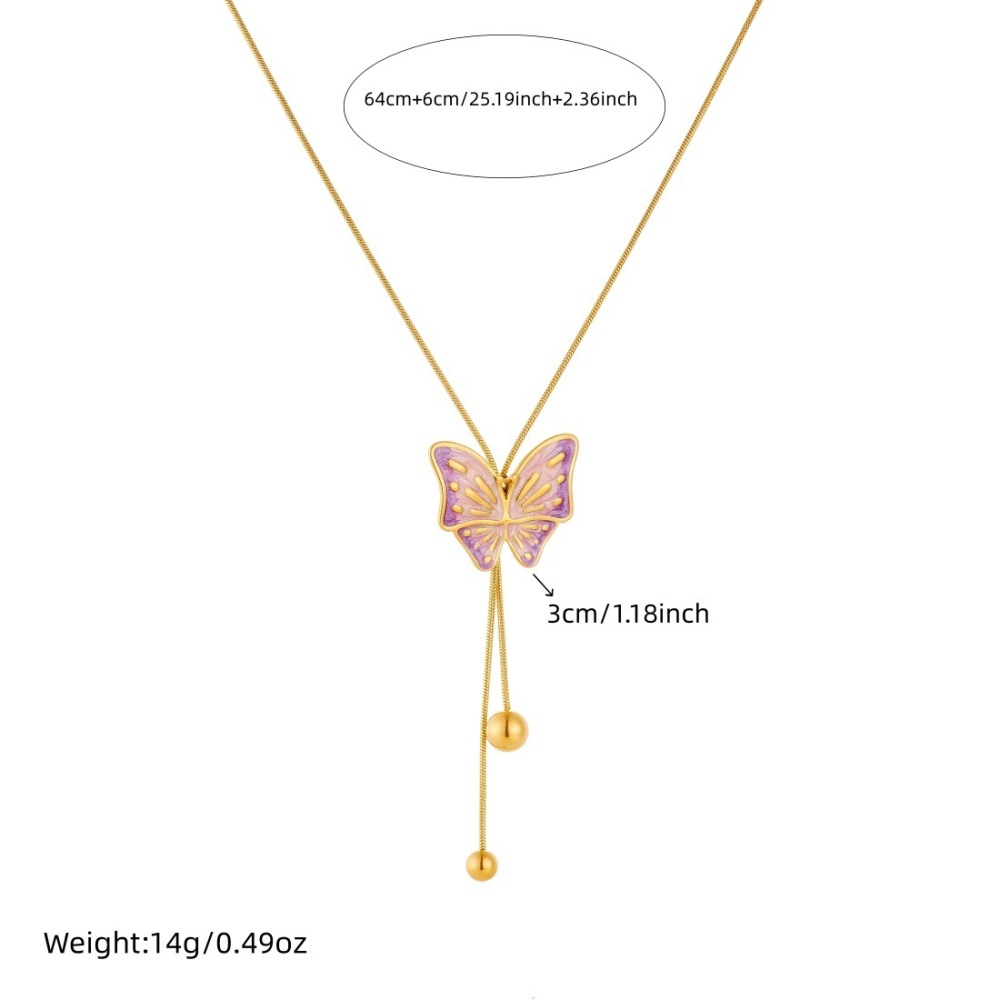 Fashionable Chinese-style gradient pink and purple butterfly gold-plated necklace with delicate and simple tassel and gold bead clavicle chain
