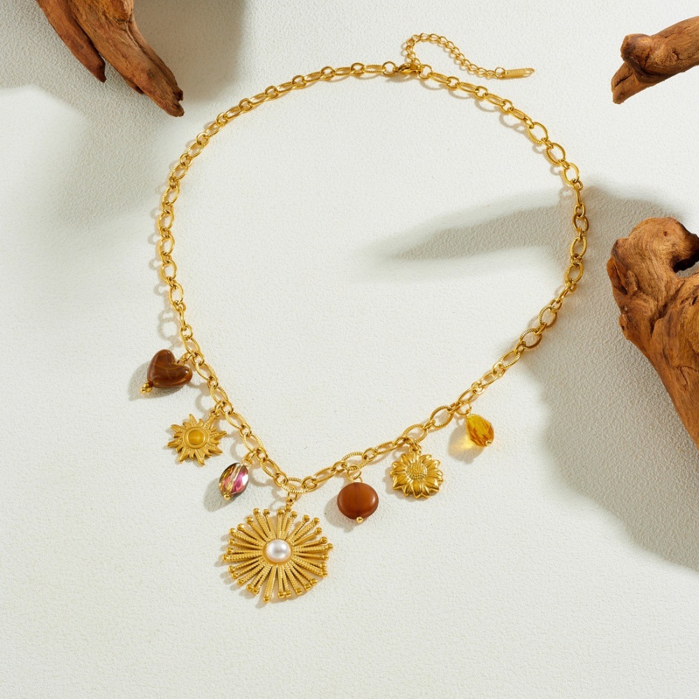 Fashionable, cross-border, retro, exaggerated pearl-encrusted flower, gold-plated sunflower pendant chain, stainless steel clavicle necklace