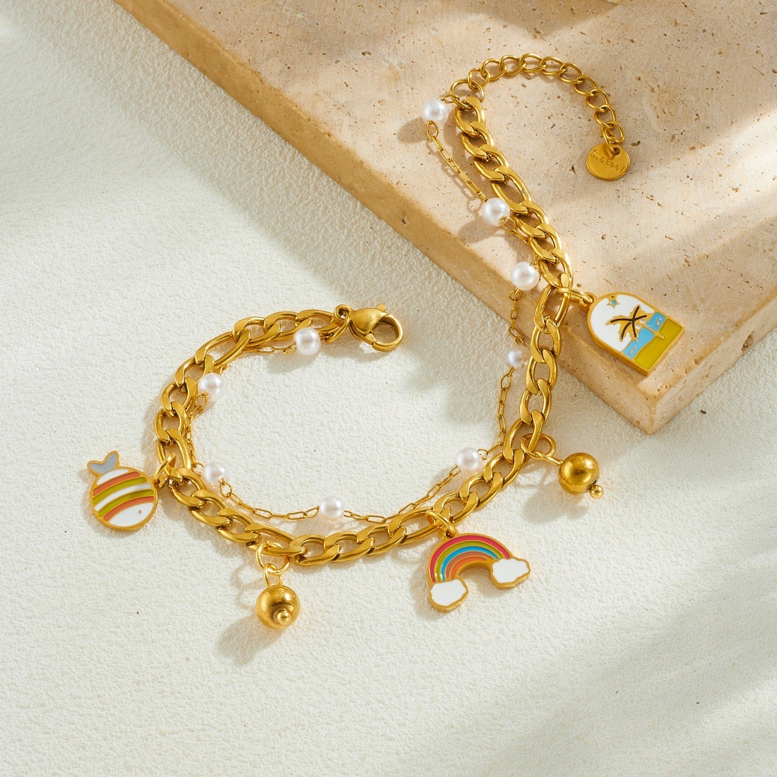 Cross-border fashion, fresh and sweet rainbow pendant stainless steel simple and versatile gold-plated double-layer chain bracelet