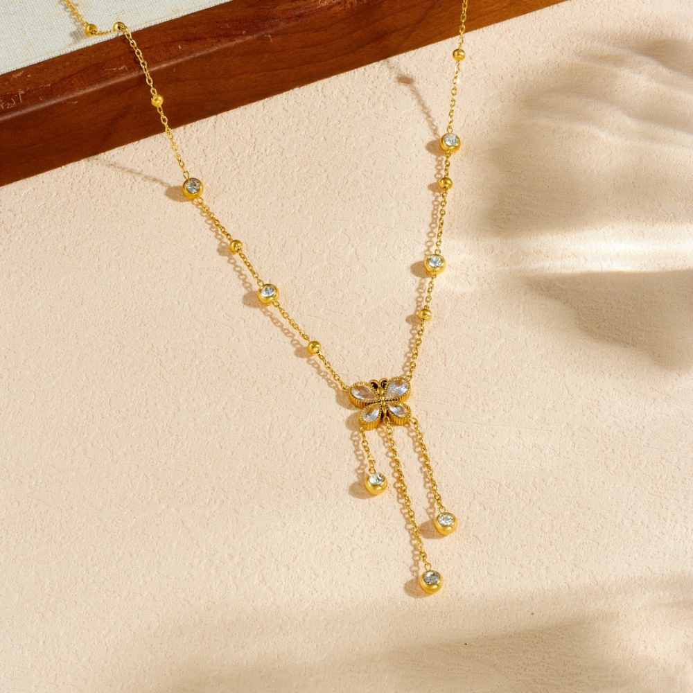 Korean style fashionable rhinestone butterfly teardrop pendant tassel chain stainless steel long gold-plated simple jewelry necklace
