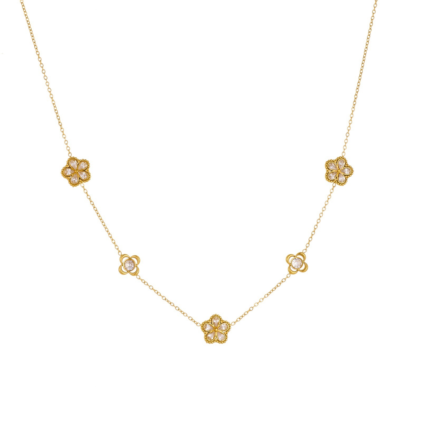 Cross-border fashion, simple and versatile, rhinestone-encrusted transparent flower gold-plated stainless steel pendant chain accessory small flower set