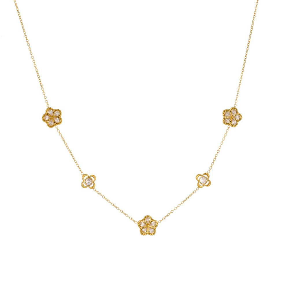 Cross-border fashion, simple and versatile, rhinestone-encrusted transparent flower gold-plated stainless steel pendant chain accessory small flower set