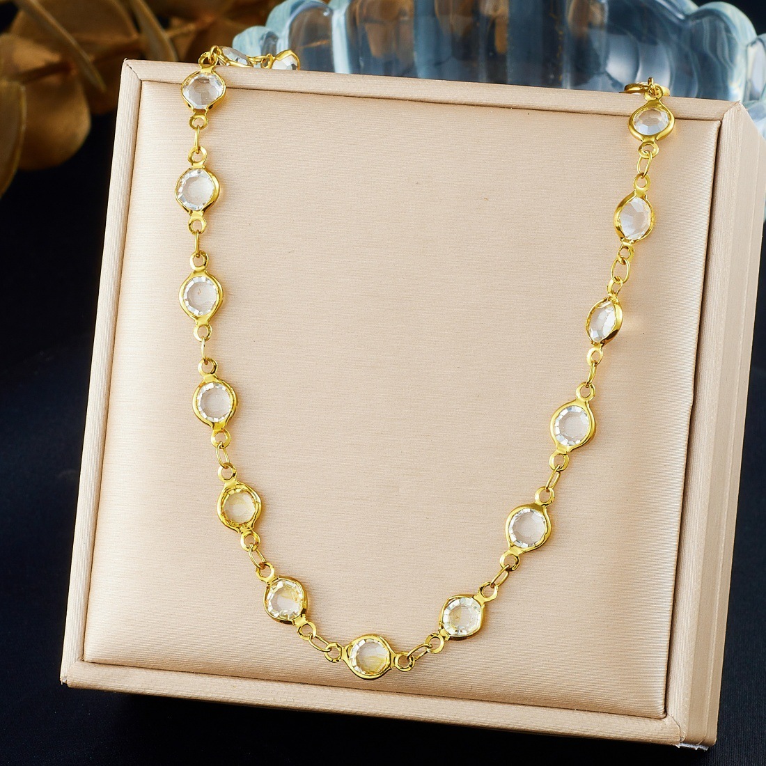 Cross-border personalized fashion accessories transparent crystal diamond simple gold-plated stainless steel chain versatile jewelry set