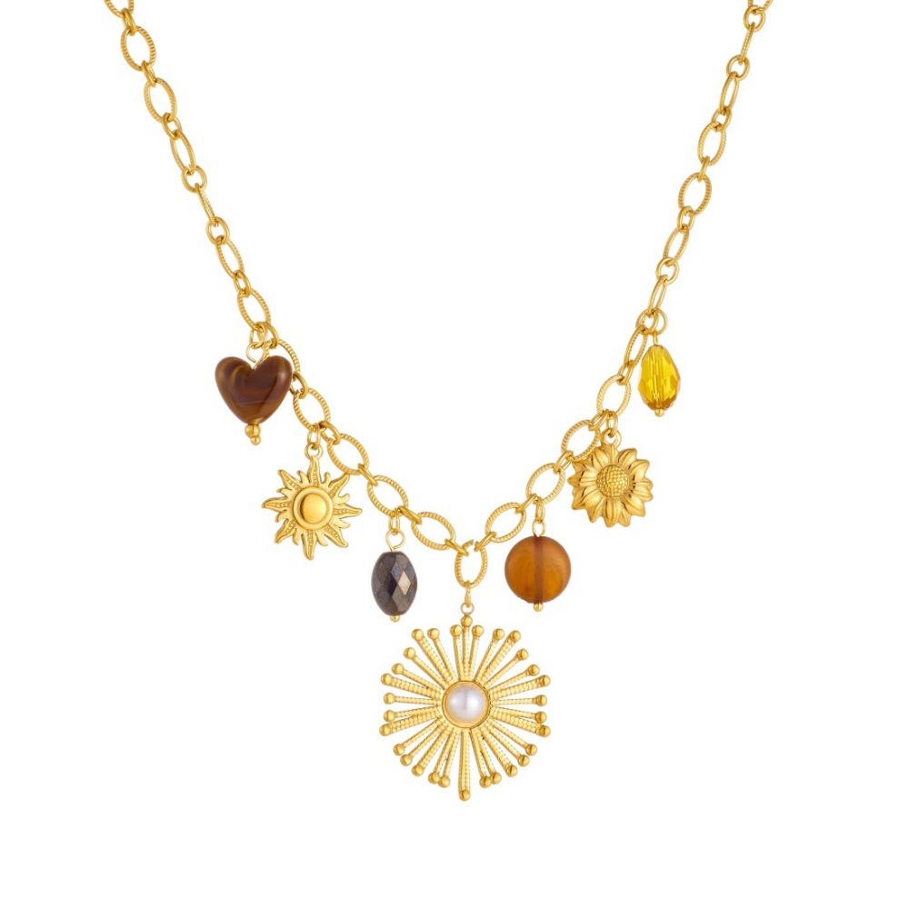 Fashionable, cross-border, retro, exaggerated pearl-encrusted flower, gold-plated sunflower pendant chain, stainless steel clavicle necklace