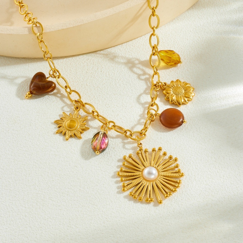 Fashionable, cross-border, retro, exaggerated pearl-encrusted flower, gold-plated sunflower pendant chain, stainless steel clavicle necklace