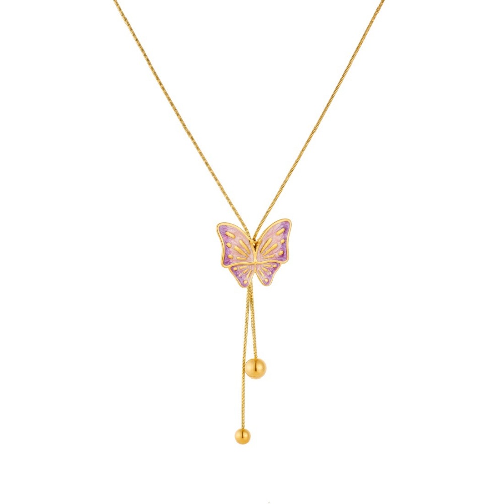 Fashionable Chinese-style gradient pink and purple butterfly gold-plated necklace with delicate and simple tassel and gold bead clavicle chain