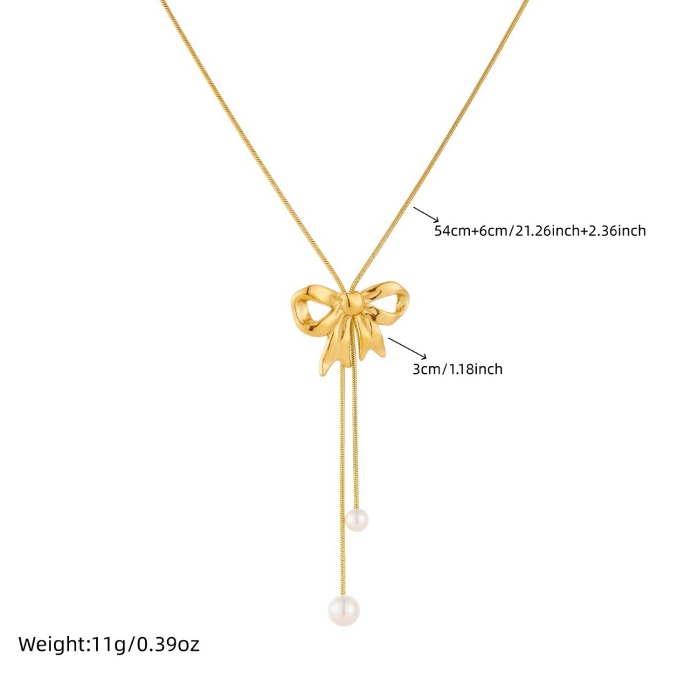 Korean style, trendy, niche design, gold-plated bow pearl pendant tassel stainless steel snake chain necklace