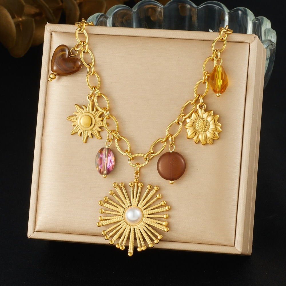 Fashionable, cross-border, retro, exaggerated pearl-encrusted flower, gold-plated sunflower pendant chain, stainless steel clavicle necklace