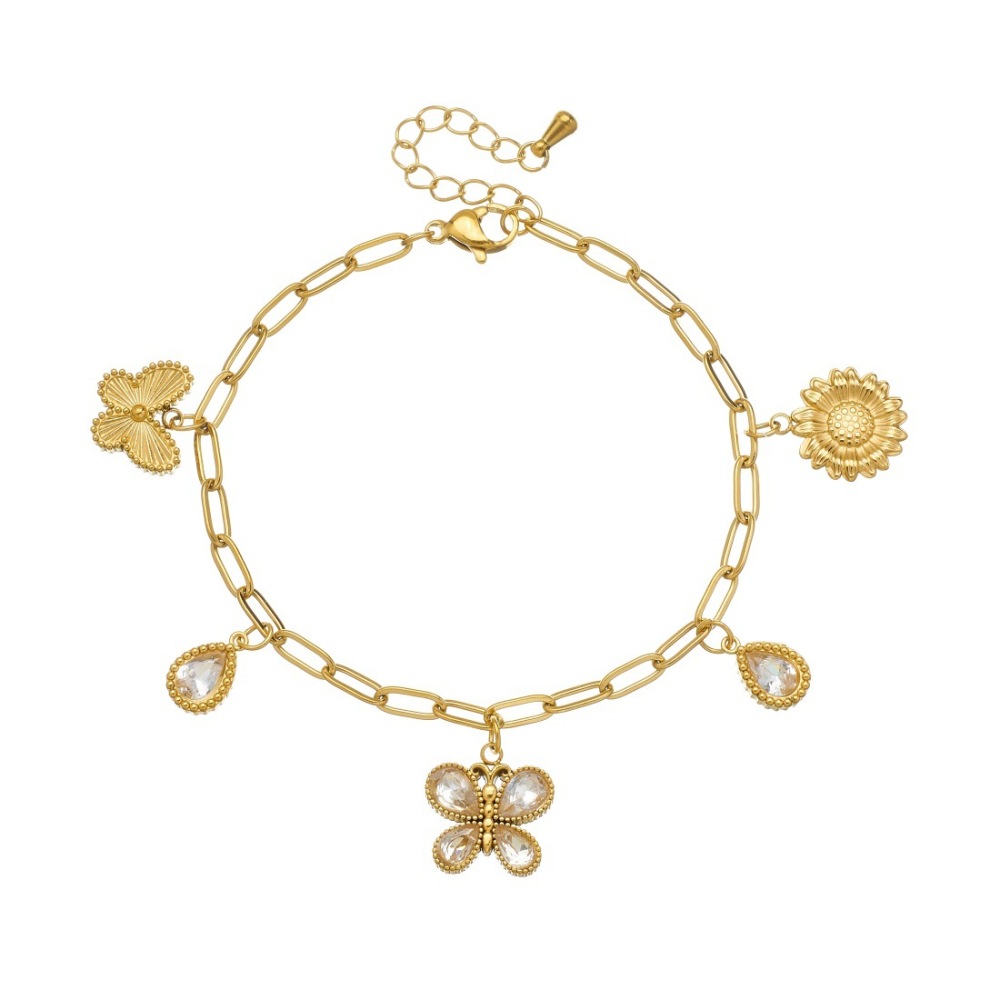 Cross-border fashion niche minimalist rhinestone teardrop butterfly pendant gold-plated sunflower stainless steel pendant chain bracelet