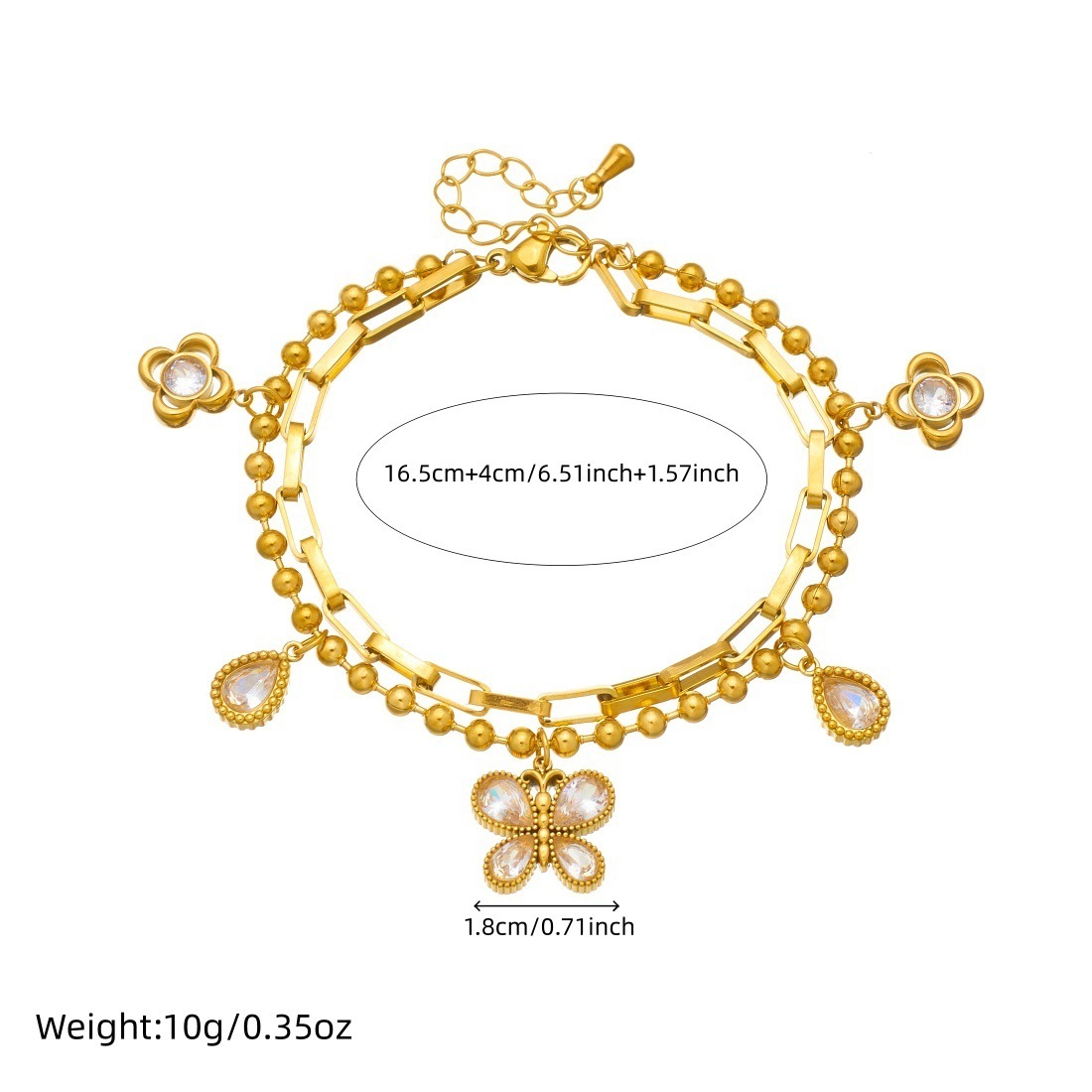 Cross-border fashion minimalist diamond-encrusted teardrop-shaped butterfly pendant, gold-plated stainless steel, stackable double-chain accessory bracelet