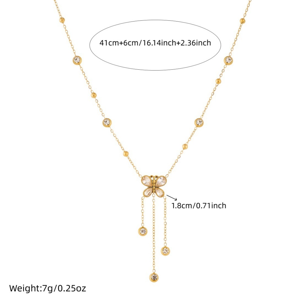 Korean style fashionable rhinestone butterfly teardrop pendant tassel chain stainless steel long gold-plated simple jewelry necklace