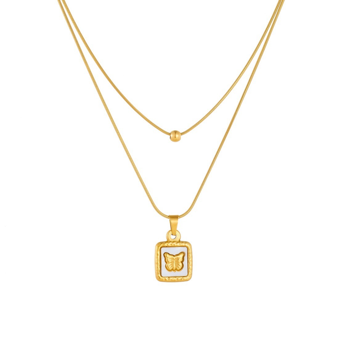 European and American cross-border fashion retro white shell round square geometric pendant gold-plated butterfly flower stacked jewelry necklace